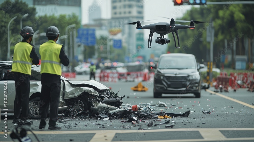 Drone oversees urban crash for documentation. Drone oversees urban crash for documentation.