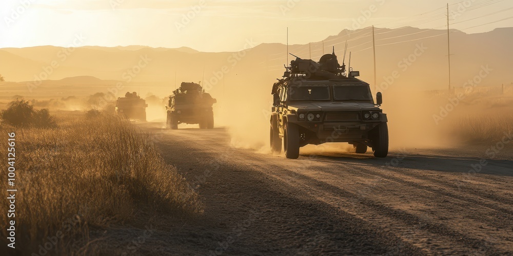 Dusty vehicles navigate a rugged road at sunset, showcasing military transport in a dramatic, atmospheric setting. Dusty vehicles navigate a rugged road at sunset, showcasing military transport in a dramatic, atmospheric setting.