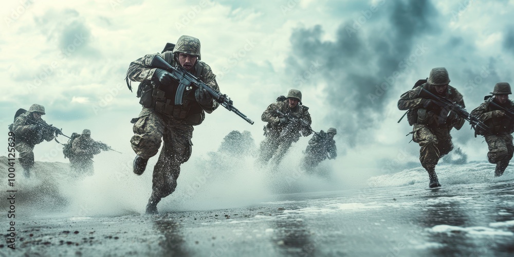 Dynamic scene of soldiers running through smoke and debris, demonstrating action and teamwork in a military environment. Dynamic scene of soldiers running through smoke and debris, demonstrating action and teamwork in a military environment.