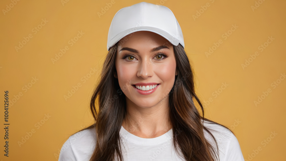 Woman wearing white t-shirt and white baseball cap isolated on yellow background Woman wearing white t-shirt and white baseball cap isolated on yellow background