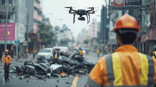 Daytime collision scene attended by responders and drone.