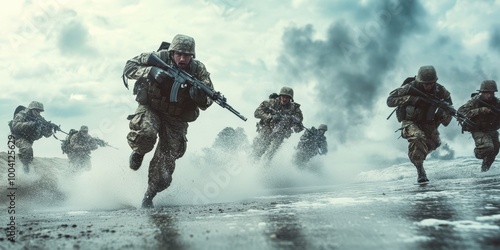 Dynamic scene of soldiers running through smoke and debris, demonstrating action and teamwork in a military environment.