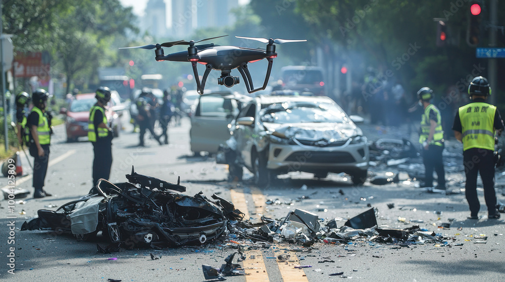 Traffic officers and drone inspect crash on street.