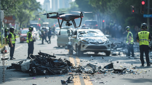 Obraz na płótnie Traffic officers and drone inspect crash on street. w salonie