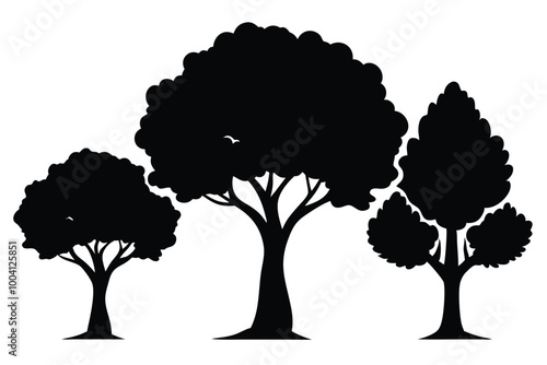 Set of black leaf silhouettes of deciduous trees on white background