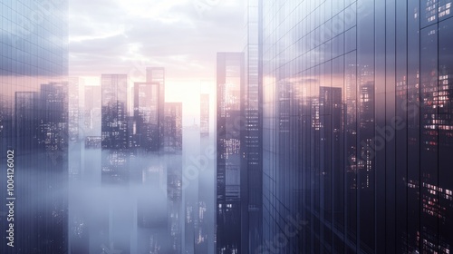 Cityscape with Mist and Modern Skyscrapers at Sunset