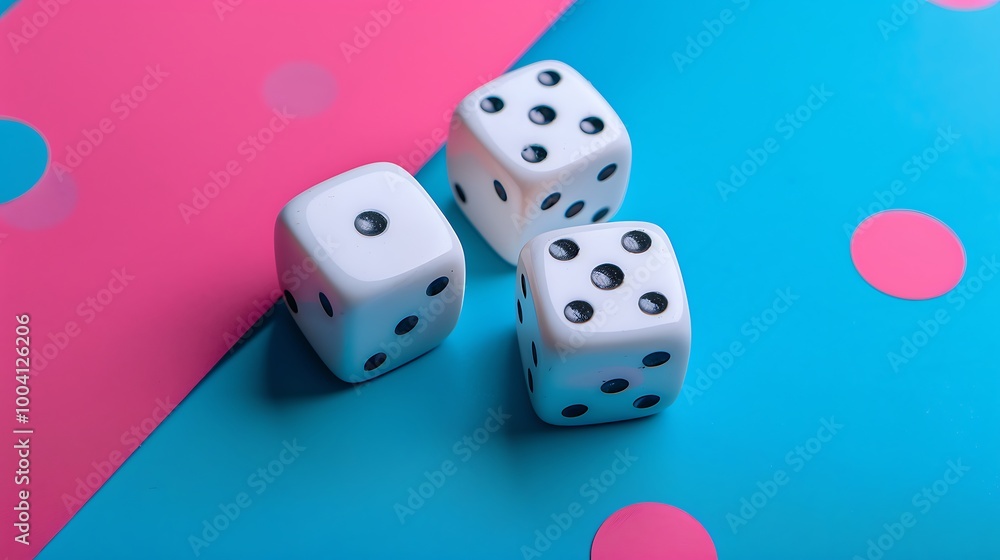 White dice and four figures for table games isolated on colorful background White dice and four figures for table games isolated on colorful background