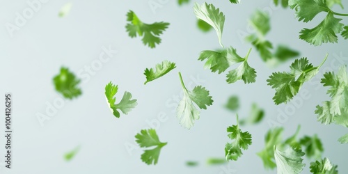 Fresh green cilantro leaves floating in the air, perfect for culinary backgrounds and vibrant food presentations.