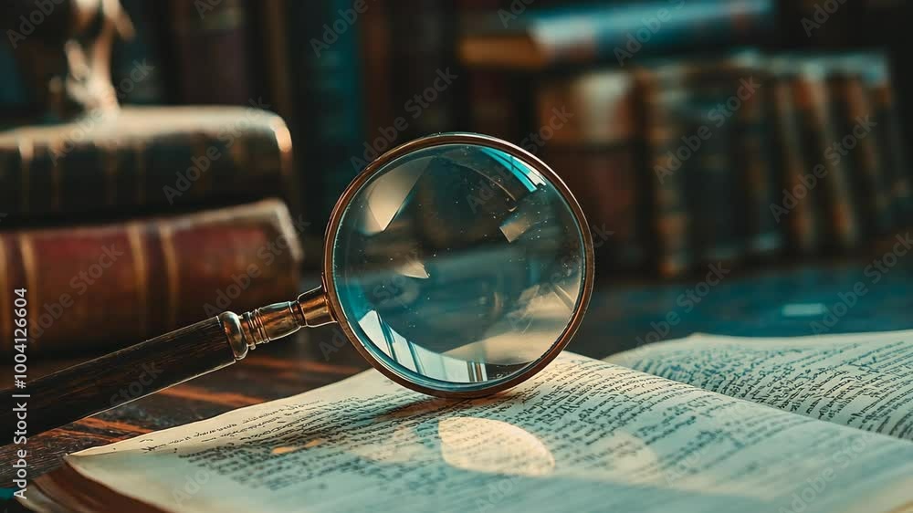 A magnifying glass rests on an open book, illuminating the text with a focused beam of light A magnifying glass rests on an open book, illuminating the text with a focused beam of light