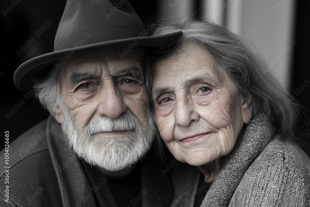 Man and a woman are standing next to each other. The man is wearing a hat. old couple Man and a woman are standing next to each other. The man is wearing a hat. old couple