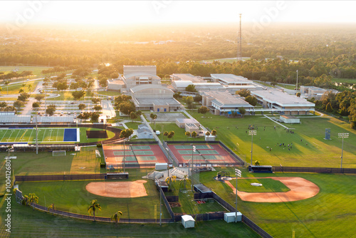 Fototapeta Naklejka Na Ścianę i Meble -  Aerial view of high school open air sports facilities in Florida. American football stadium, tennis court and baseball diamond sport infrastructure.