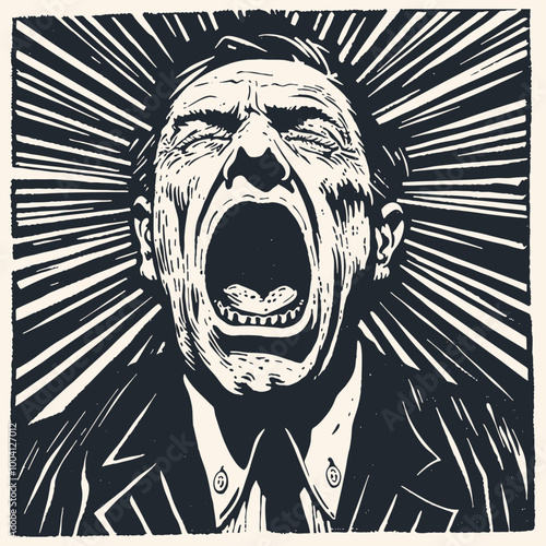 Elderly man in suit yelling, vector illustration	