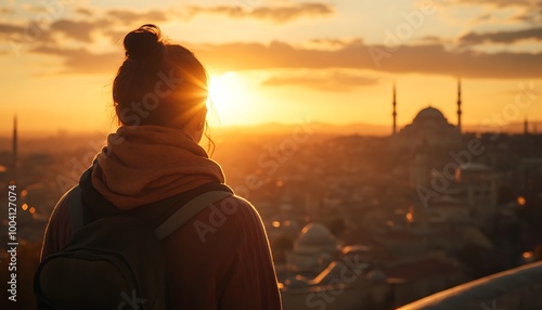 Silhouette of a Woman Admiring Sunset Over Istanbul