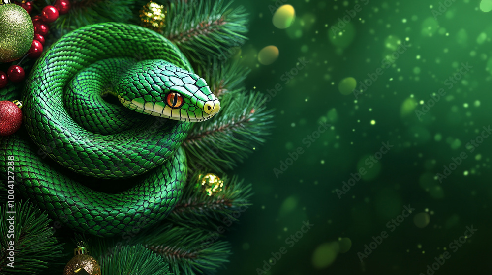 Fototapeta premium Big green and happy snake on a New Year's green background with space for text.