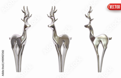 Set of silver metal figurines of elegant deer. Christmas gray realistic 3d icon reindeer. Decorative holiday objects isolated on white background. Vector illustration