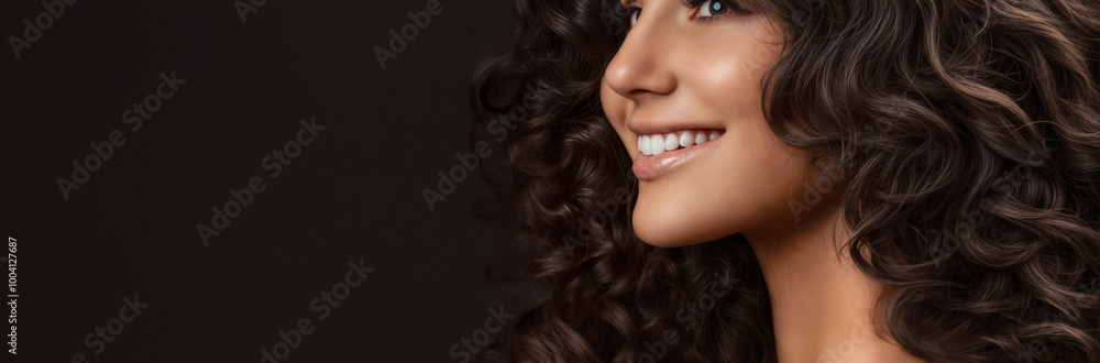 Smiling woman with curly hair and radiant complexion in profile view Smiling woman with curly hair and radiant complexion in profile view
