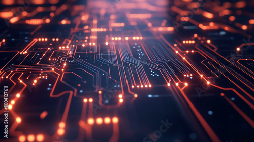 Glowing printed circuit board lines and data connections.
