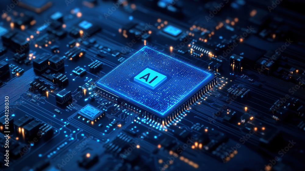 Exploring the intricate design of a computer chip showcasing artificial intelligence at nighttime Exploring the intricate design of a computer chip showcasing artificial intelligence at nighttime