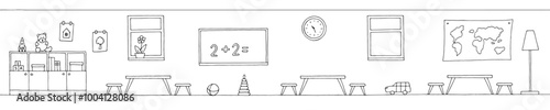 Preschool classroom graphic black white interior sketch long illustration vector 