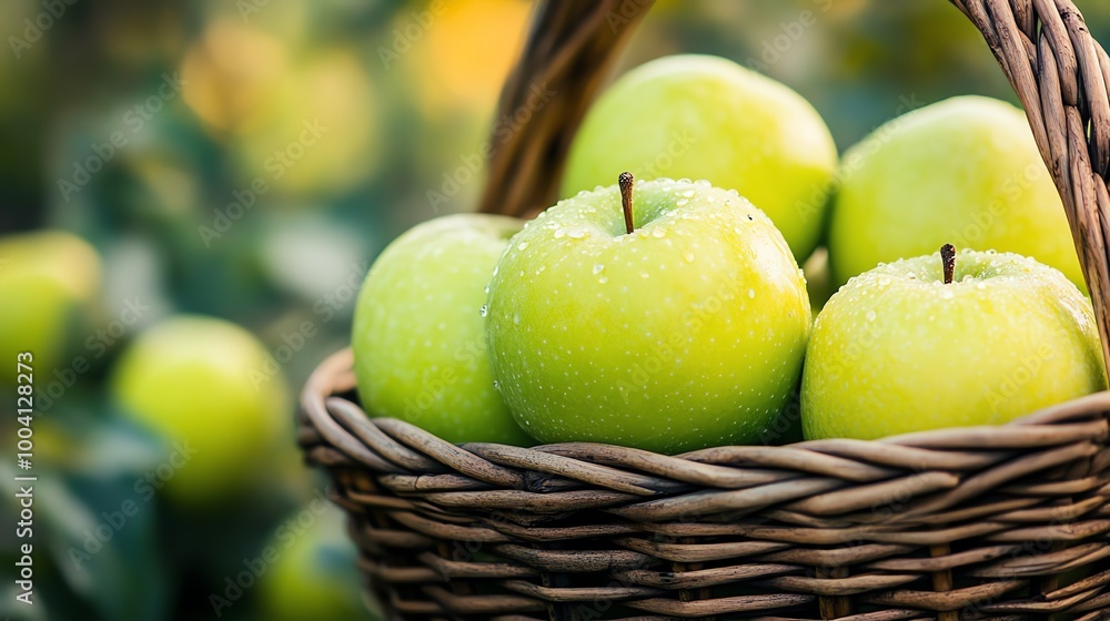 A wicker basket full of green apples with water drops. A wicker basket full of green apples with water drops.