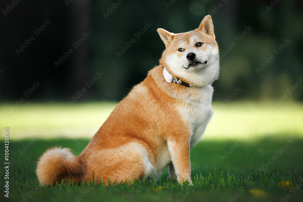 shiba inu dog sitting in the park in a collar with gps tracker shiba inu dog sitting in the park in a collar with gps tracker