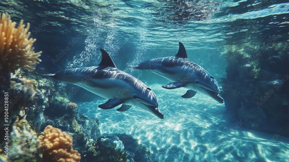Two Dolphins Swimming Underwater with Coral Reef Two Dolphins Swimming Underwater with Coral Reef