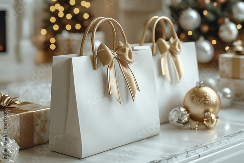 3d mockup of two empty white cardboard bags on a Christmas background photo