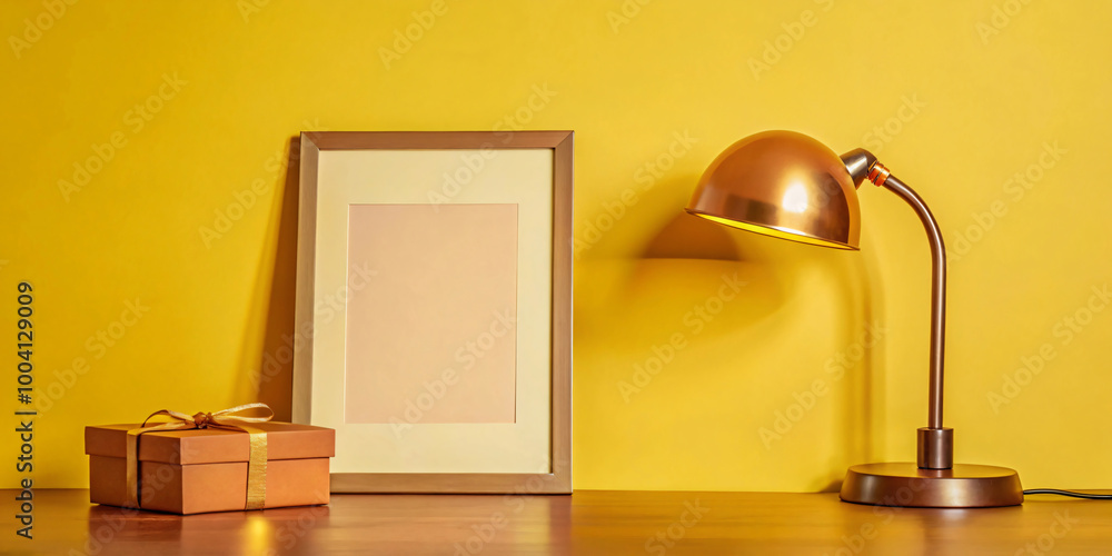 Empty wooden picture frame mockup hanging on pastel wall. Modern interior. Wooden cabinet, wooden picture frame, gift box, yellow background