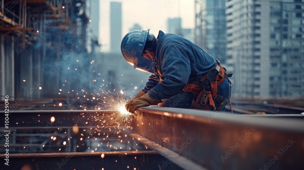 A construction worker welding steel beams on a high-rise building site, creating sparks. A construction worker welding steel beams on a high-rise building site, creating sparks.