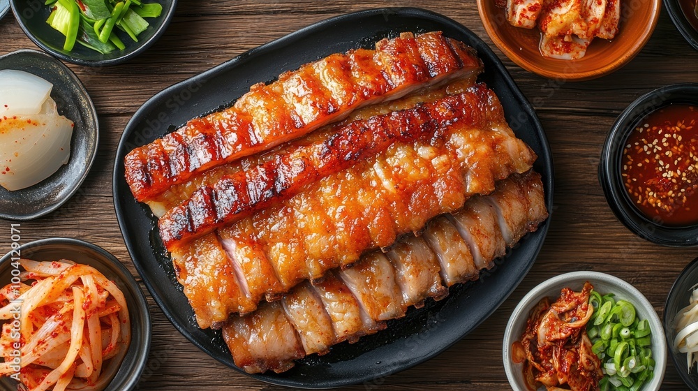Delicious Grilled Pork Belly on Wooden Table Delicious Grilled Pork Belly on Wooden Table