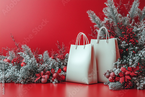 3d mockup of two empty white cardboard bags on a Christmas background photo