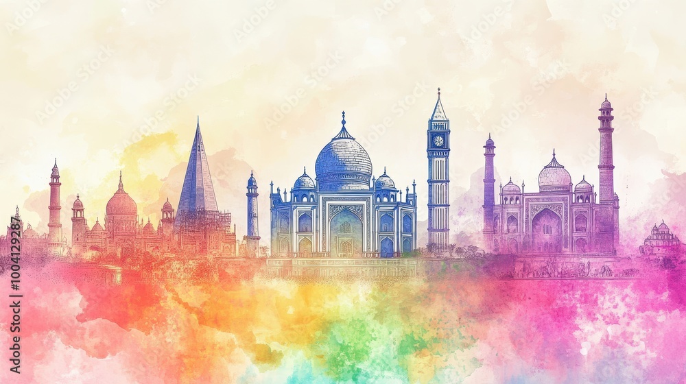 Obraz premium Vibrant Watercolor Collage of Global Landmarks