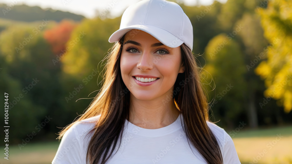 Woman wearing white t-shirt and white baseball cap standing in nature Woman wearing white t-shirt and white baseball cap standing in nature