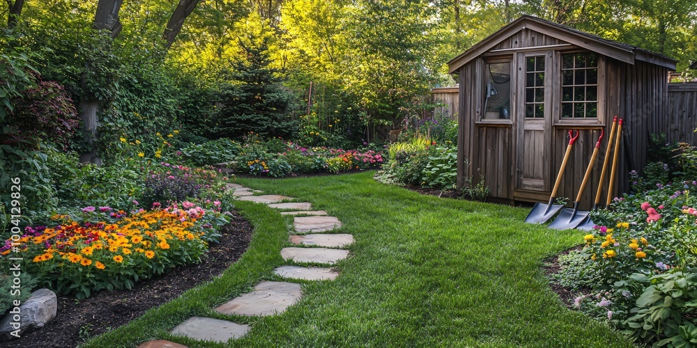 Stone path through lush green lawn and colorful flowerbeds leading to a wooden shed. Stone path through lush green lawn and colorful flowerbeds leading to a wooden shed.