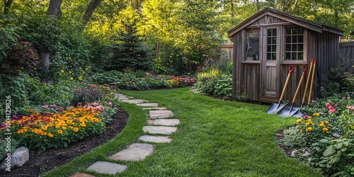 Stone path through lush green lawn and colorful flowerbeds leading to a wooden shed.