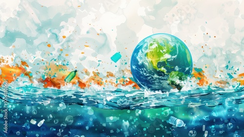 Fototapeta Naklejka Na Ścianę i Meble -  Vibrant Watercolor Earth Amidst Ocean Waves
