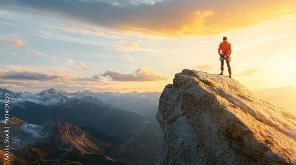 Fototapeta premium Rock climber triumphantly standing at the peak of a majestic cliff overlooking the valley below