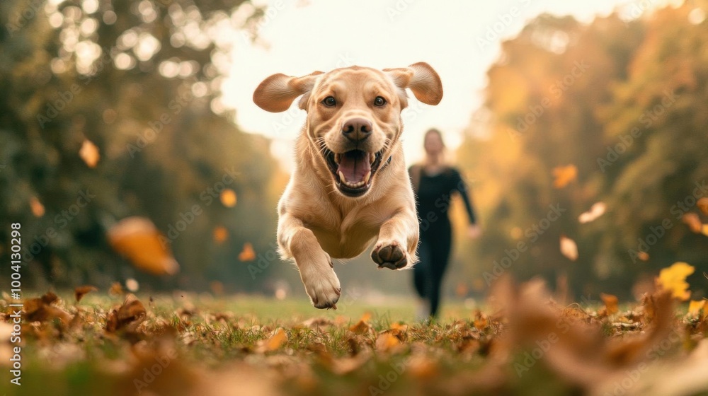 A dog running joyfully through a park with its owner on a sunny Sunday A dog running joyfully through a park with its owner on a sunny Sunday