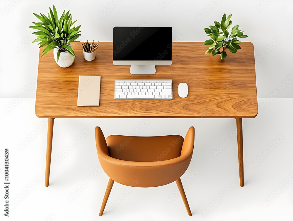 Top-down minimalist wooden desk with soft-touch notebook and decor. Top-down minimalist wooden desk with soft-touch notebook and decor.