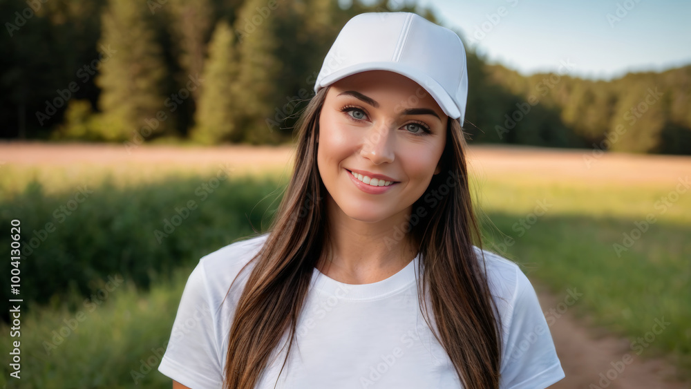 Woman wearing white t-shirt and white baseball cap standing in nature Woman wearing white t-shirt and white baseball cap standing in nature