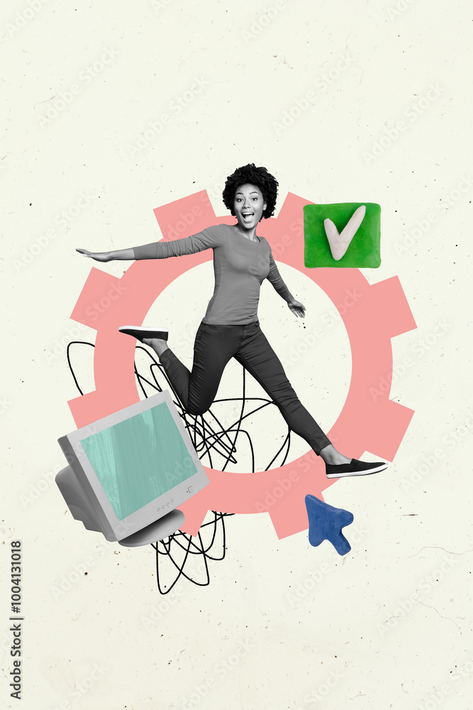 Φωτογραφία Vertical photo collage of happy american girl freelancer pc monitor checkmark cu