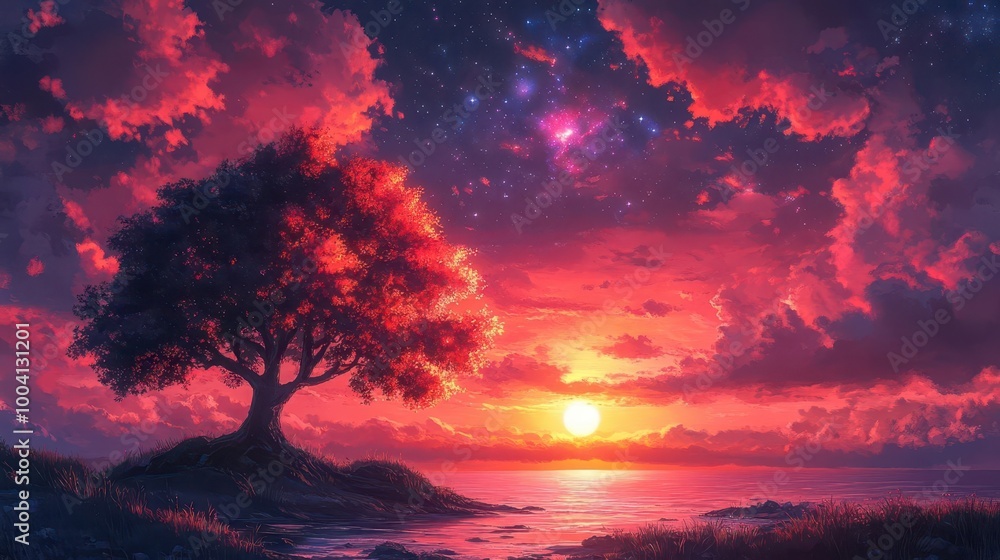 Obraz premium colorful vibrant anime nature landscape featuring a breathtaking sunset with a galactic sky perfect for a wallpaper background that evokes feelings of wonder and serenity in a fantastical world