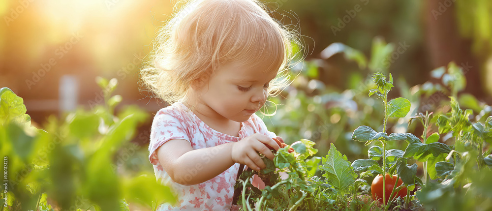 A young child enjoys playing in a garden, surrounded by greenery and sunlight, exploring plants and vegetables. A young child enjoys playing in a garden, surrounded by greenery and sunlight, exploring plants and vegetables.