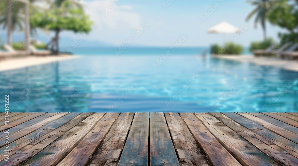 Wood table top and blurred swimming pool with sea background Wood table top and blurred swimming pool with sea background