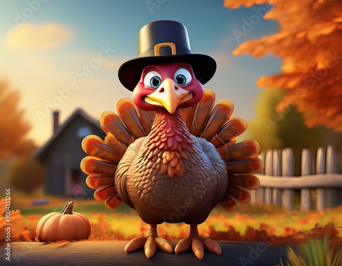 Cute Cartoon Thanksgiving Turkey on a Farm