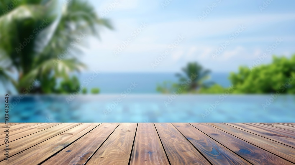 Wood table top and blurred swimming pool with sea background Wood table top and blurred swimming pool with sea background