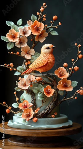 Delicate Floral Cake with a Bird on a Branch photo