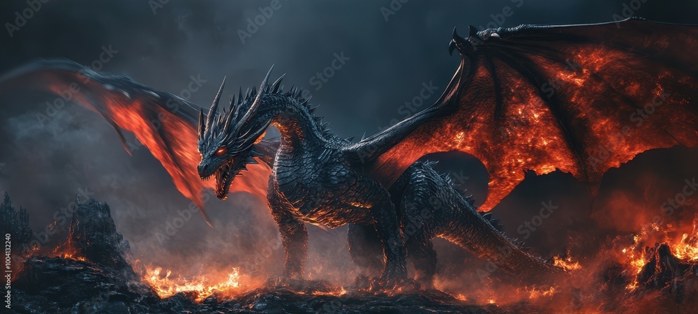 A fierce dragon with fiery wings emerges from a volcanic landscape, showcasing its powerful presence amidst flames and smoke. A fierce dragon with fiery wings emerges from a volcanic landscape, showcasing its powerful presence amidst flames and smoke.