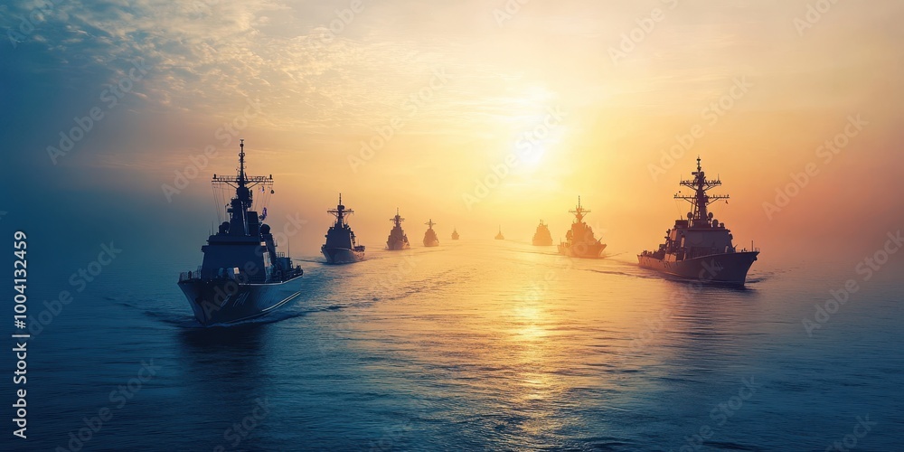 A fleet of warships sailing into a picturesque sunset over calm waters, evoking strength and unity in maritime operations. A fleet of warships sailing into a picturesque sunset over calm waters, evoking strength and unity in maritime operations.