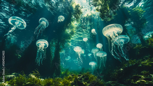 Generative AI, Surreal Ocean Dream: Giant Kelp Forest with Glowing Jellyfish